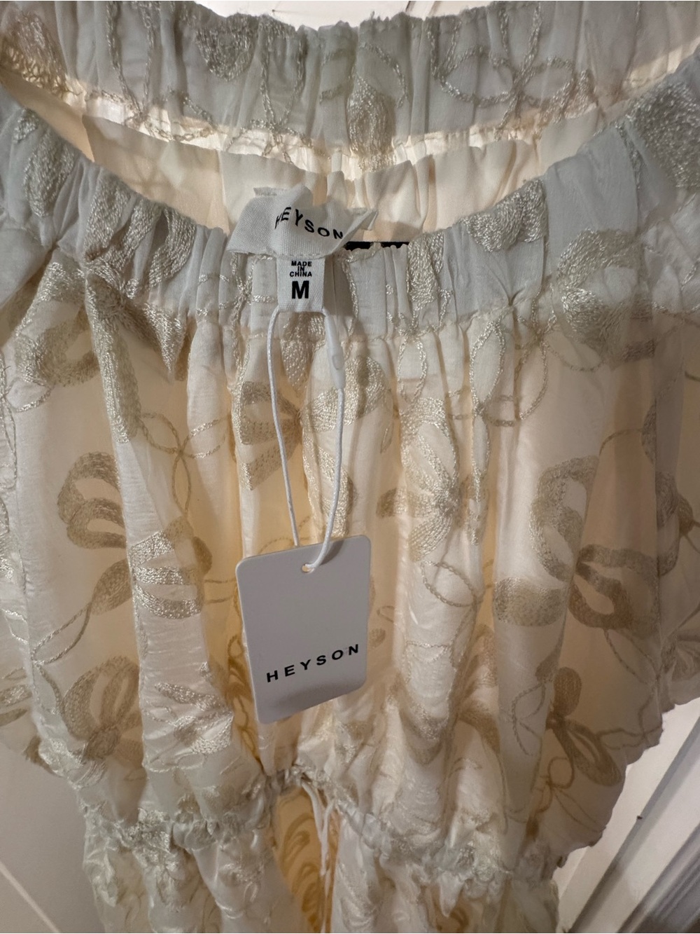 Neutral Cream Embroidered Midi Dress with Drawstring Waist - Picture 3 of 9
